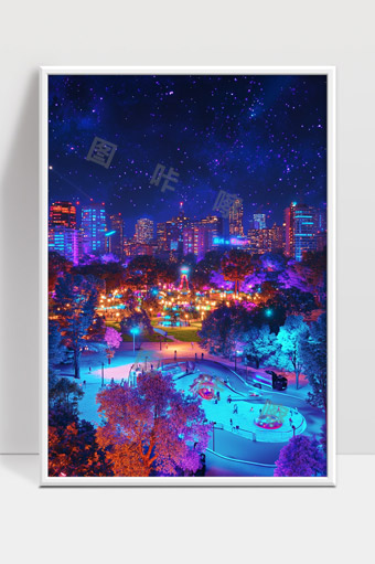 霓虹灯光映照下的城市夜晚公园美景