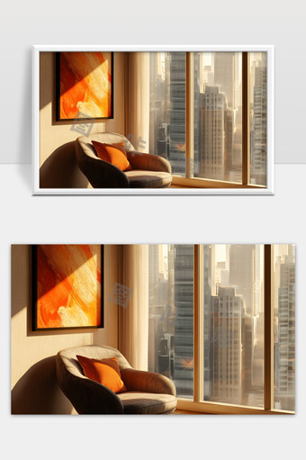 现代简约风格客厅温馨舒适单人沙发和大城市景观