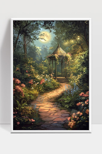 月光下梦幻花园中的幽静石子小径