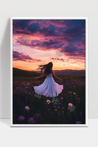 夕阳下花海中女孩漫步白裙飘逸唯美画面