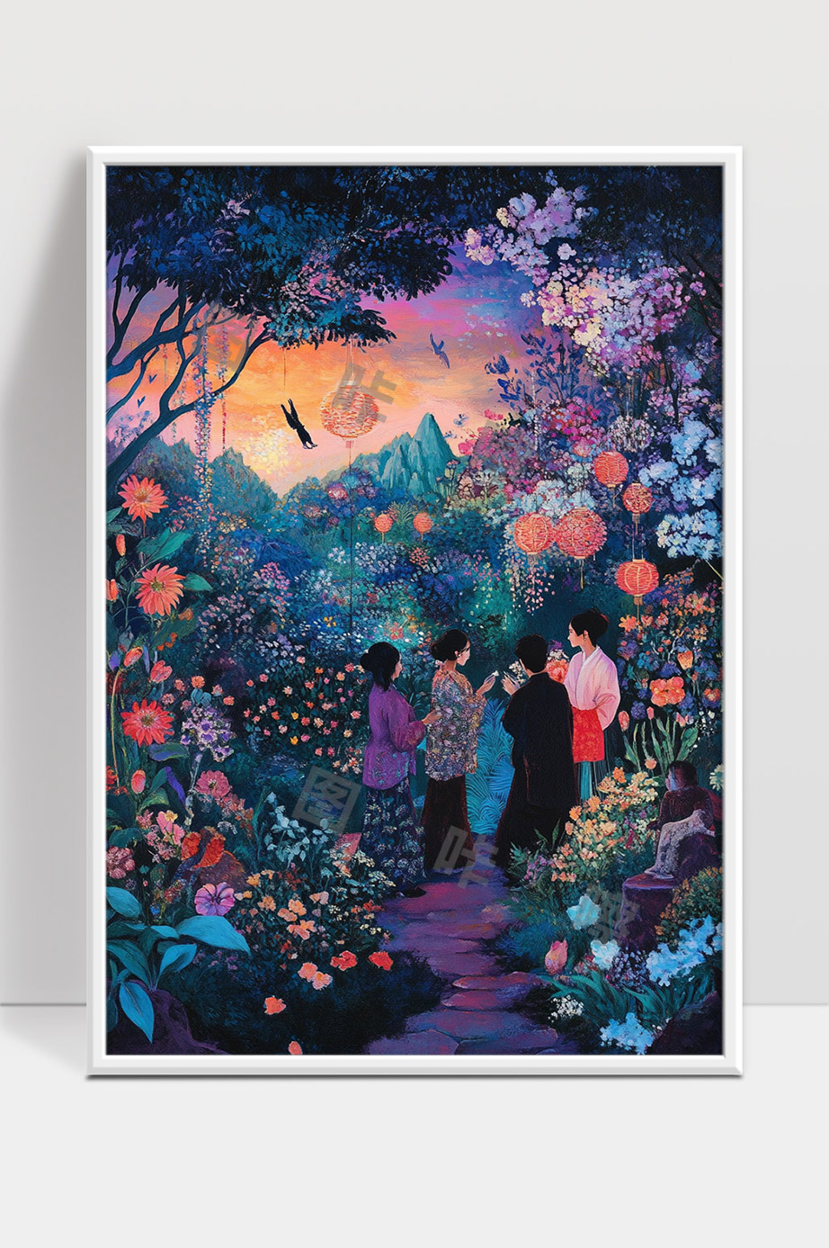 梦幻花园中人们赏灯共度美好时光