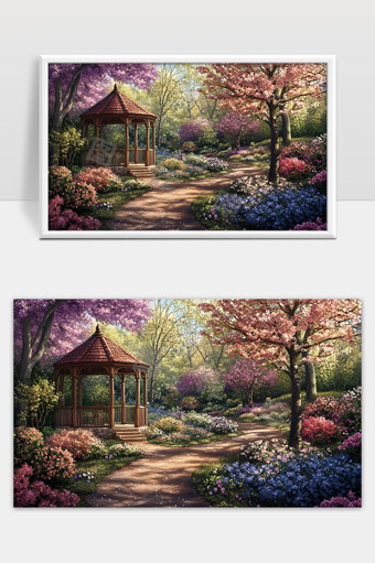 春日花园木亭与繁花盛开的幽静小径美景