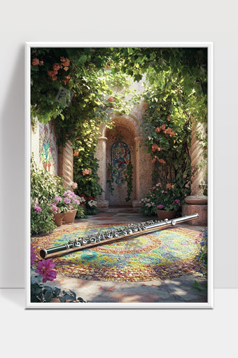 阳光花园中静置的长笛与缤纷花卉美景