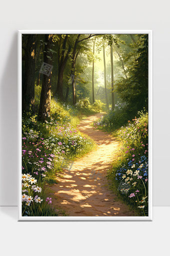 阳光照耀森林小径花草芬芳宁静自然风光