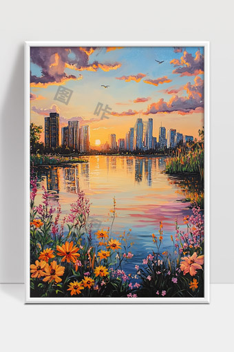 夕阳映照城市湖畔花海景象美丽宁静画面