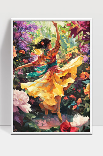 花海中舞动的少女色彩斑斓的梦境时光