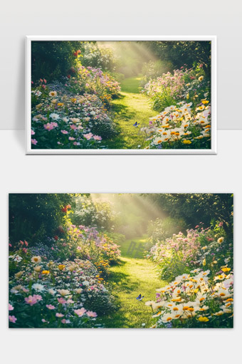 阳光洒满花园花丛中蜿蜒的小径春意盎然