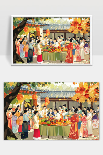 古代中秋节庭院团圆赏月庆典场景