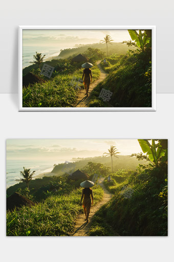 夕阳下热带乡村小路乡村女性田园风光美景