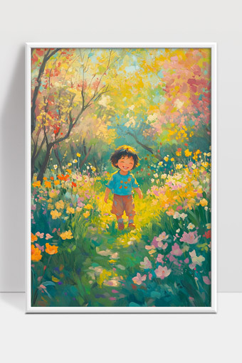 阳光花海中快乐笑容的小男孩童年美好时光