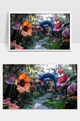 梦幻花园中的巨型奇异花朵与林间小径