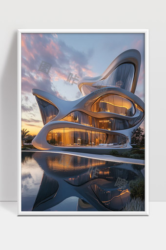 未来感曲线形现代别墅夕阳下的水景建筑美学