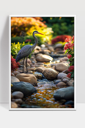 静谧溪流边苍鹭悠然栖息美丽自然景色