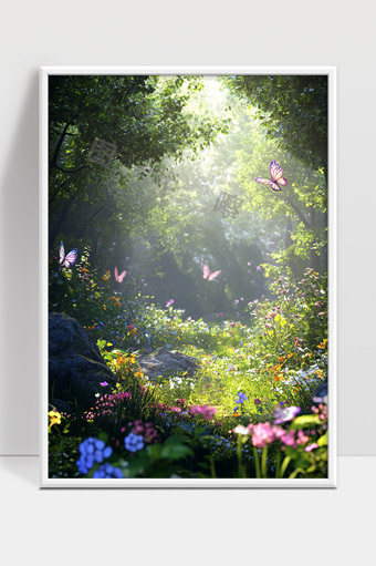 阳光森林中五彩斑斓蝴蝶飞舞的梦幻花园