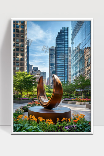 现代城市公园中的铜制雕塑与高楼大厦景观