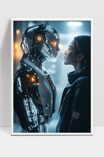 未来人机互动科技感女性与机器人深情对视
