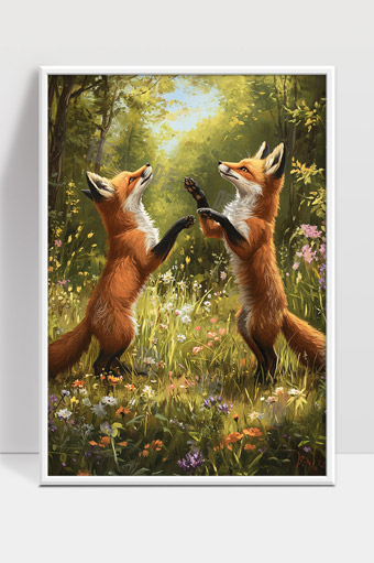 森林中两只狐狸嬉戏花丛间美丽自然景象