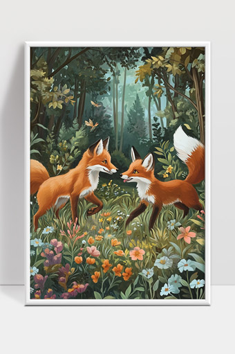 森林中两只灵动可爱的小狐狸嬉戏花丛美丽自然场景