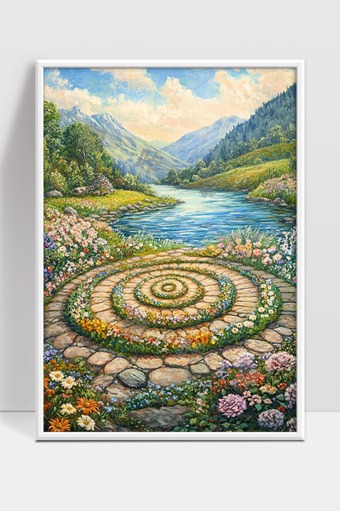 山间花海小径环绕溪流风景如画自然美景