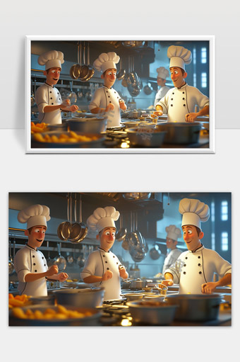 厨房内三位厨师开心烹饪美食忙碌场景动画画面