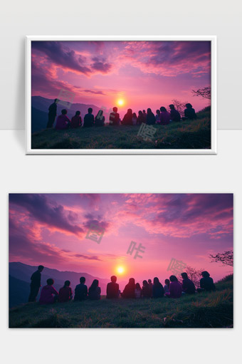 夕阳下朋友们山顶观景宁静美丽温馨时刻