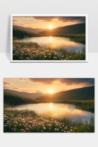 夕阳映照高山湖畔野花盛开美景如画