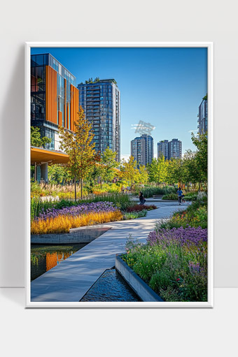 现代城市绿色生态花园景观与高楼建筑结合的美丽画面