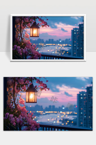 城市晚霞下阳台浪漫灯光与盛开花卉美丽景色