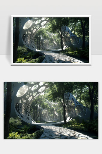 未来感森林中曲线型通道光影交织的自然景观