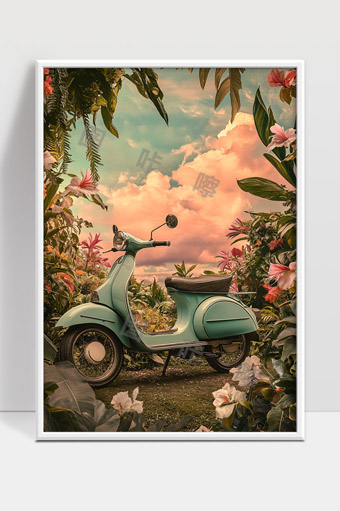 复古小摩托车穿越绚丽花海梦幻天空背景