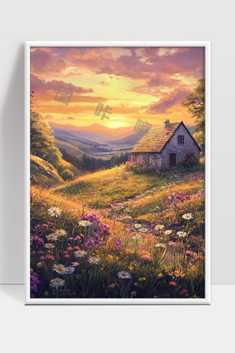 夕阳下宁静山谷中花海环绕的小屋景致