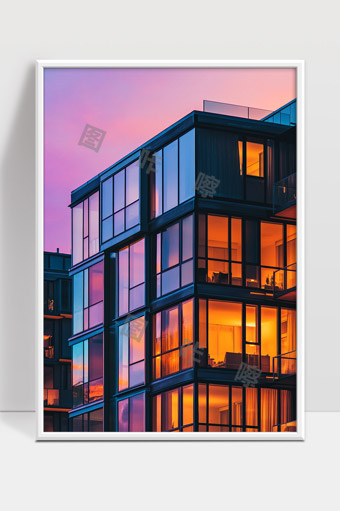 现代玻璃幕墙公寓夕阳余晖中温馨灯光映照