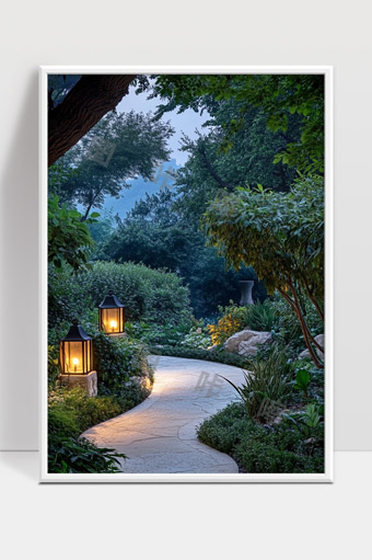 幽静花园中曲径通幽的夜晚灯光景致