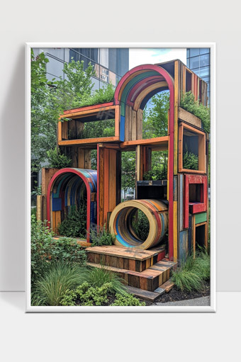 创意彩色木质户外儿童游乐设施与绿色植物