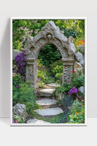 古老石拱门花园幽径春日自然风光