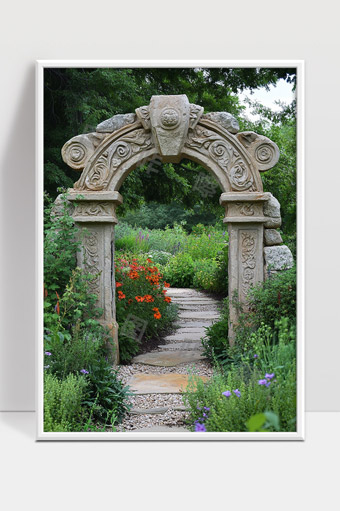 古典石拱门庭院花园中的幽静通道