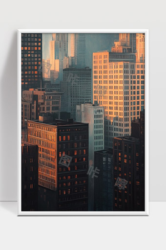 夕阳映照都市高楼林立现代城市建筑景观