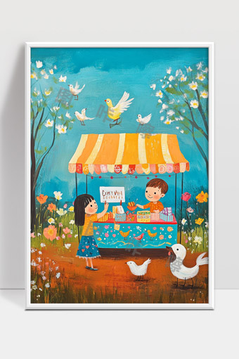 春日花园中儿童快乐的鸟语花香小摊场景