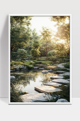 阳光洒落下的静谧森林湖边石板小径