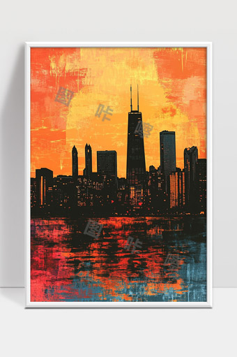 夕阳映照下的现代城市天际线剪影艺术