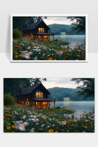 湖畔花园中的宁静木屋黄昏景色温馨自然风光