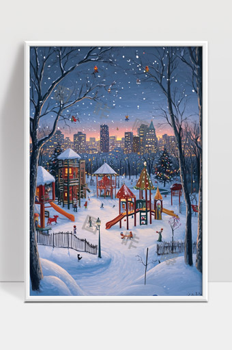 冬夜城市公园雪景儿童游乐欢聚美好时光