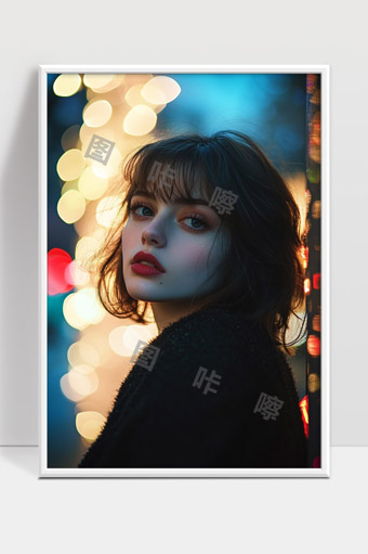 夜色中温柔深邃眼神的都市女性肖像写真