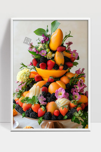 精美多层水果拼盘新鲜草莓芒果装饰花卉创意摆盘