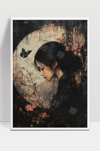 静谧东方女子与蝶影花语古风意境画