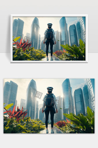 现代都市中年轻人探索未来科技与自然融合之美
