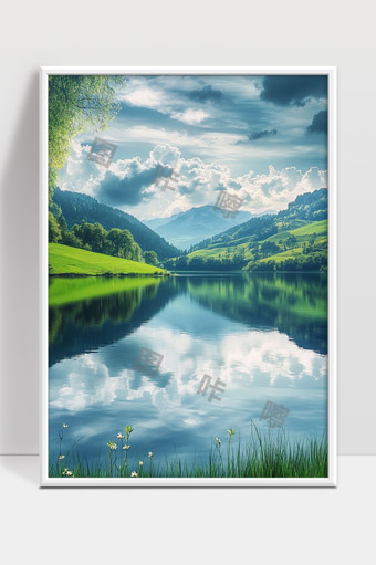 宁静山谷湖泊倒映蓝天白云绿草如茵自然风光