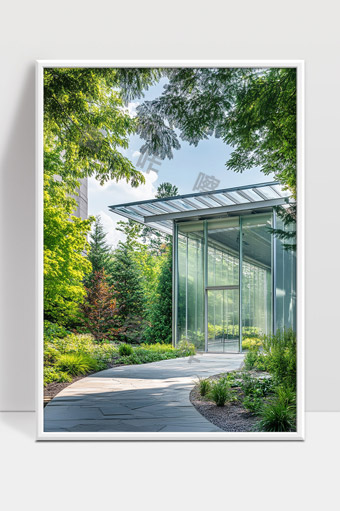 现代玻璃建筑与绿色景观自然环境和谐融合的庭院设计