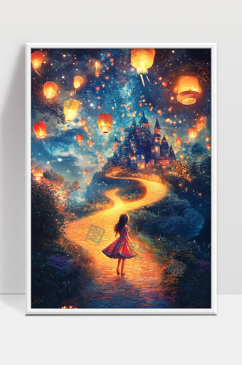 漫步梦幻灯笼夜空通往神秘古堡的奇幻旅程