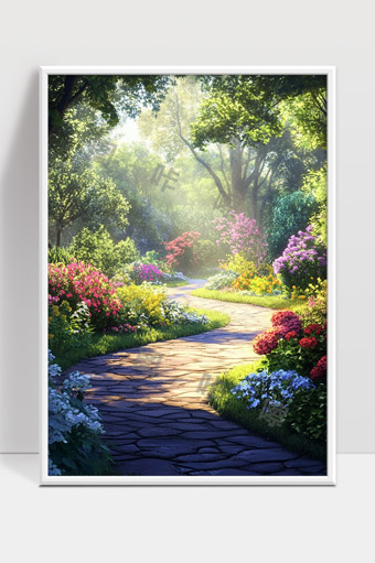 阳光洒落花园小径绽放多彩鲜花翠绿树木环绕